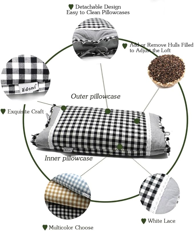 Small Adjustable Buckwheat Neck Pillow for Side Sleeper – Firm Cervical Support Pillow with Buckwheat Hulls & Pillowcase for Sleeping (20"x11", Black)