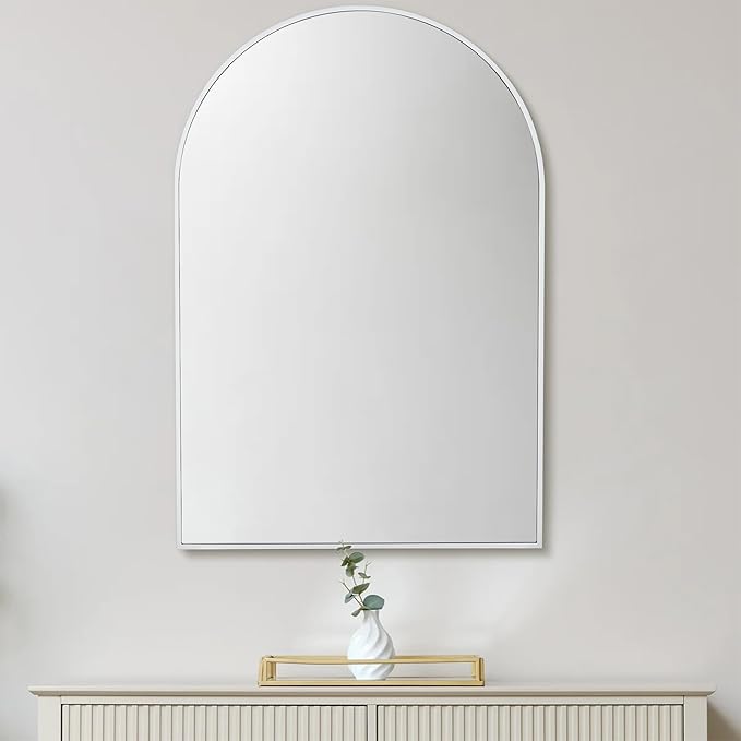 Arched White Bathroom Mirror,24 x 36 Inch Arch Wall Mirror with Wood Frame,Vanity Modern Tempered Glass Mirror for Bedroom,Entryway,Living Room