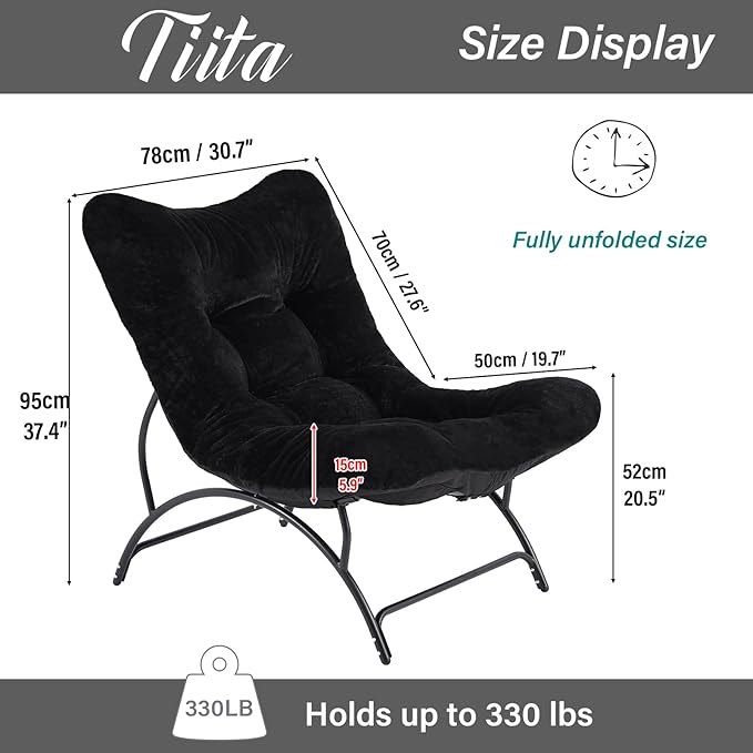 Tiita Accent Lazy Chair, Comfy Lounge Chair with Metal Frame and Plush Fabric, Spacious Seat Cozy Recliner Chair for Reading Room, Living Room, Bedroom, Office, Black