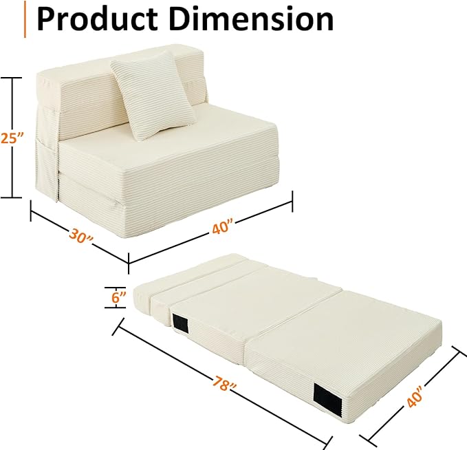 JKMAX Twin Size Folding Sofa Bed - 4 in 1 Convertible Sleeper Chair with Pillow - High Density Memory Foam Futon Couch - Foldable Bed for Living Room Bedroom (Beige)