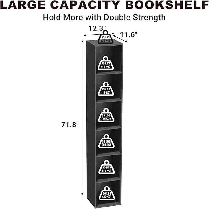 6 Tier Bookshelf, Open Tall Narrow Floor Standing Bookcase, Storage Organizer Bookshelves Freestanding Book Shelf for Living Room, Bedroom, Home Office (Black, 6 Cube)