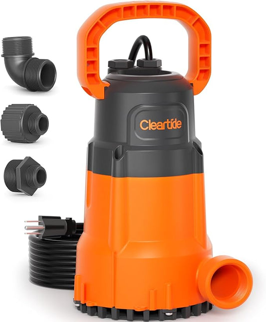 Cleartide Submersible Sump Pump, 1/2 HP Utility Water Pump for Pool Draining, Hot Tub, Basement, Electric Drain Pump Handles 3/8" Solids, 10 FT Cord