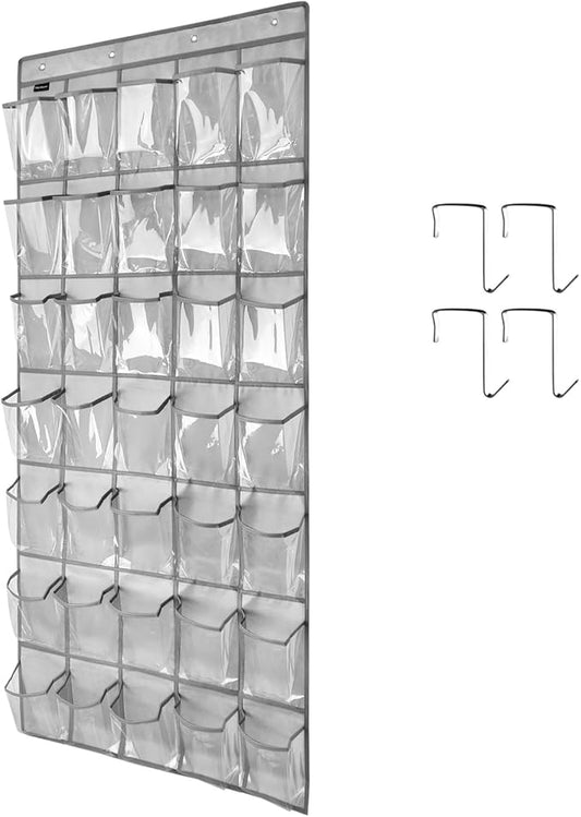 Clear Crystal 1 Pack 35 Pockets Large Hanging Shoe Organizer Over The Door Shoe Rack for Closet Door Storage Shoe Holder Hanger, 4Hooks, grey