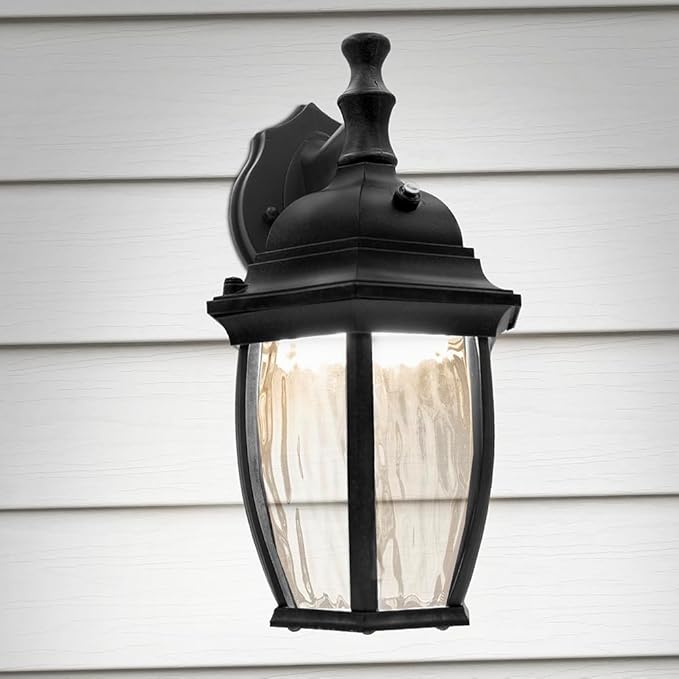Maxxima LED Outdoor Wall Light - Features Clear Water Glass, 3000K Warm White, 580 Lumens, Dusk to Dawn Photocell Light Sensor, Patio or Porch Sconce Fixture, Ideal for Exterior Decor Lighting - Black