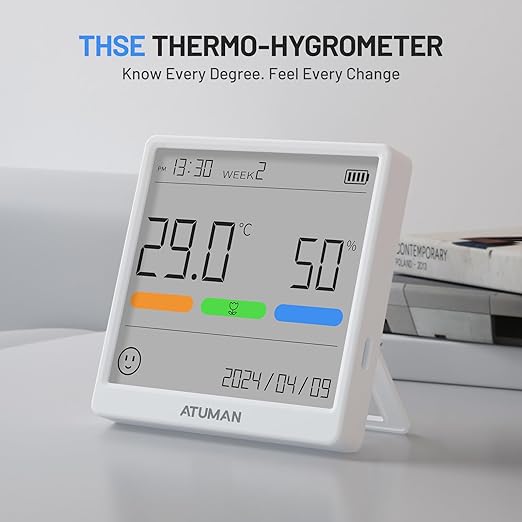 ATuMan THse Digital Thermo-Hygrometer with High-Precision Sensor, 4.3'' Large LCD Display & Long Battery Life - Indoor Temperature Humidity Monitor for Home, Office, Greenhouse