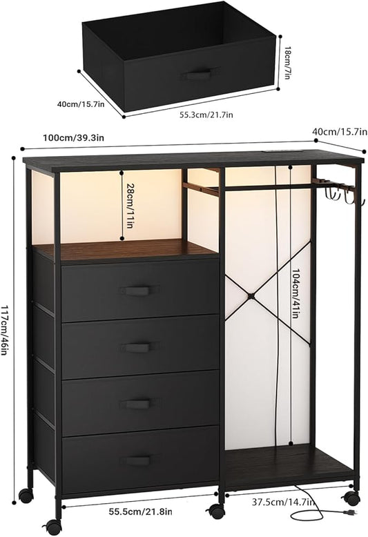 Dresser for Bedroom with Clothes Rack, 4 Drawers Dresser with Charging Station and LED Lights, Storage Chest of Drawers with Wheels, Wooden Top, for Closet, Living Room, Hallway, Black