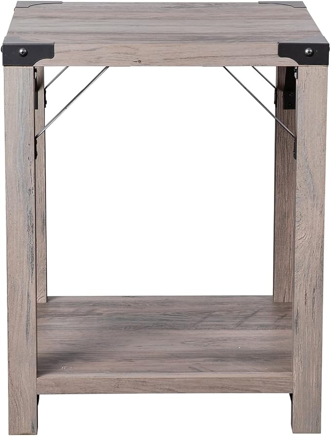Flash Furniture Wyatt Modern Farmhouse 2 Tier Side Table - Gray Wash Engineered Wood Frame - Black Metal Crisscross Side Braces and Corner Accents