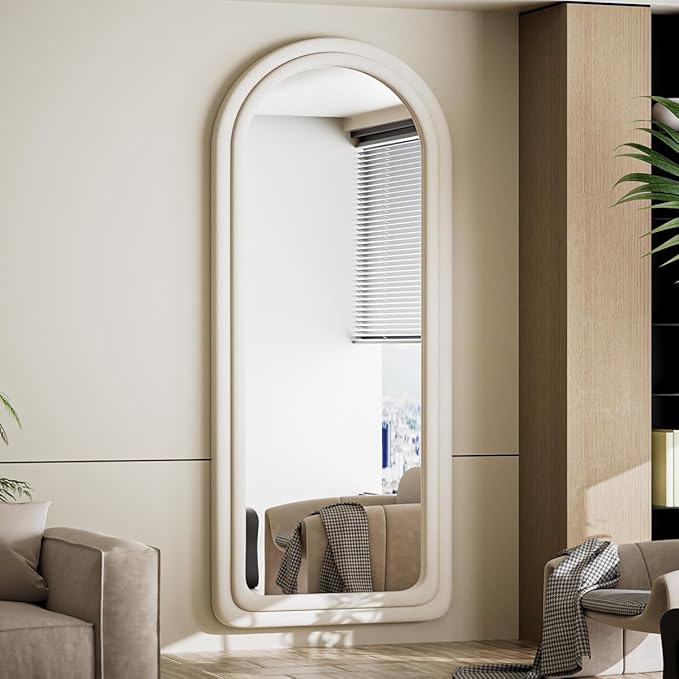 Koonmi 63"x24" Arched Mirror Full Length, Full Body Freely Standing Mirror, Flannel Floor Mirror with Stand for Bedroom, Living Room, Hanging or Against The Wall, White