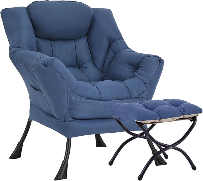 Lazy Chair with Ottoman, Large Royal Blue Accent Chair with Ottoman, Comfy Reading Armchair, Leisure Sofa Chair for Living Room, Bedroom, Dorm Room, Office