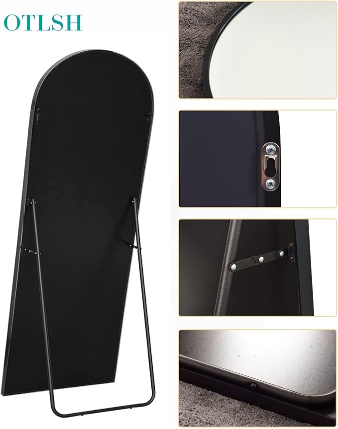 Floor Mirror, 90"×46" Arched Full Length with Stand, Standing, Full Body, Large, Wall, Freestanding, Aluminum Frame - Black