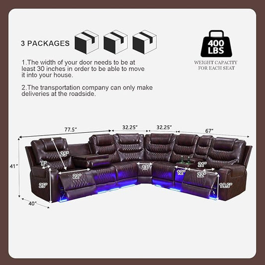 Power Recliner Sectional Sofa with LED Light for Living Room, Dark Brown Leather Reclining Sofa Corner Sectional Couches Set, Cup Holder, Storage Console for Home Theater Seating