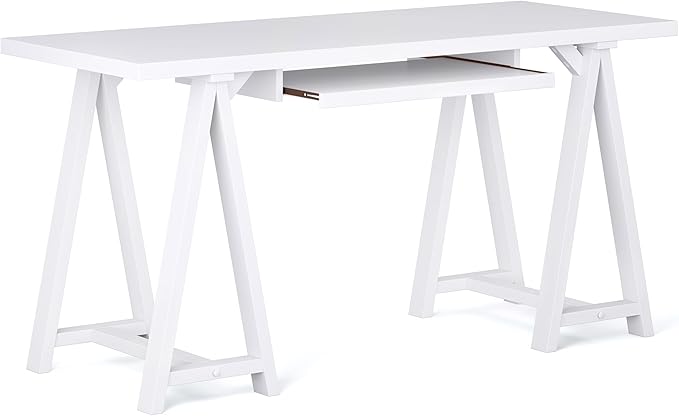 SIMPLIHOME Sawhorse Desk - 60 Inch Wide Solid Wood Writing Desk in White, Modern Industrial Home Office Computer Table for Workspace or Study with Sturdy Sawhorse Base and Integrated Keyboard Tray