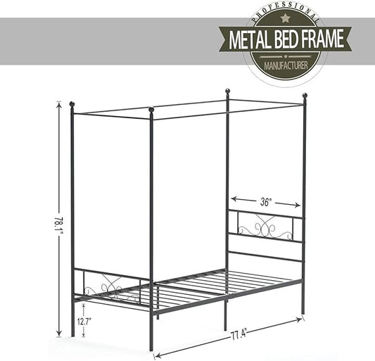 Weehom Twin Canopy Bed Frame with Headboard and Footboard, 4 Posters Metal Bed Frame, No Box Spring Needed, Mattress Foundation Platform Bed for Kids and Adults, Black