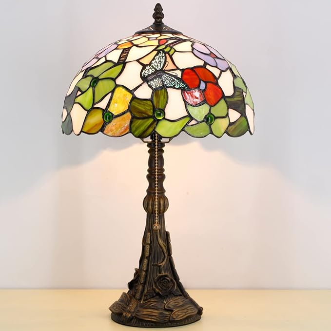 Tiffany Table Lamp Stained Glass Lamp 12X12X19 Inch Antique Reading Light (Butterfly Flowers)