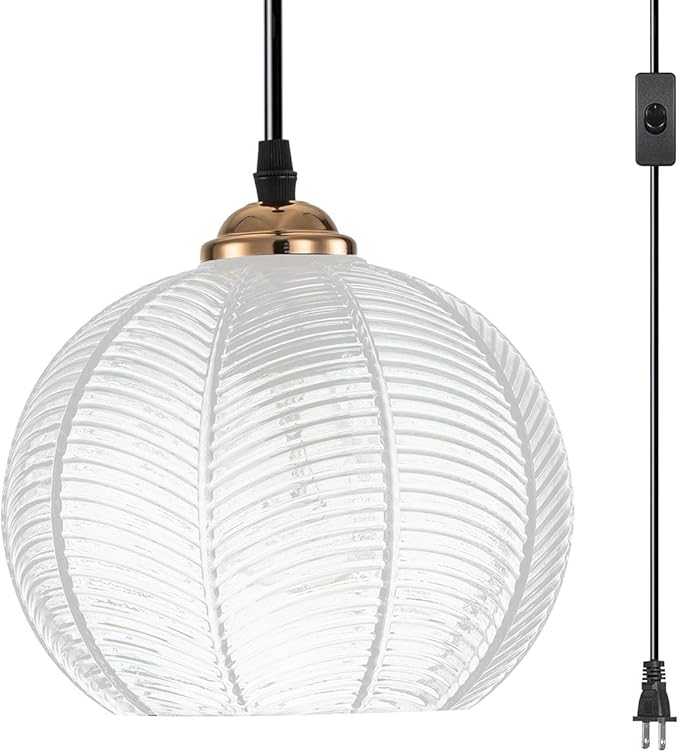 Plug in Pendant Light, Hanging Lights with Plug in Cord On/Off Switch, 14.75ft Plug in Hanging lamp Modern Pendant Light Clear Glass Globe Pendant Lighting for Kitchen Island Bedroom Dining Room