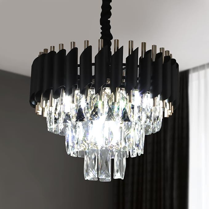 Modern Crystal Chandeliers 3 Tiers Black and Gold Pendant Light Fixtures 16” Round Flush Mount Chandeliers Ceiling Lighting Dimmable for Living Room Dining Room Foyer Bedroom Kitchen