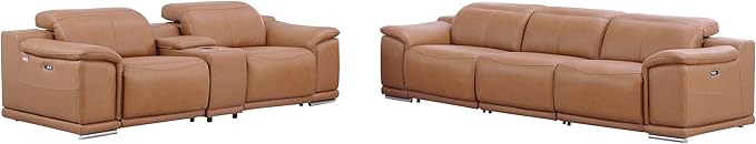 Blackjack Furniture Venice Top Grain Italian Leather Power Recline 6 Piece 5 Seater Sofa - 107" Theater Seating Modern Couch for Living Room Apartment with Adjustable Headrests & USB Port, Cognac