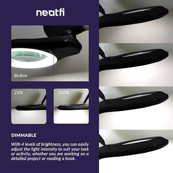 Neatfi LED Magnifying Floor Lamp 1,200 Lumens – 5” Bifocal Glass Lens, Dual Magnification 2.25X + 6X, Dimmable Task Light | Adjustable Arm, Rolling Base | Reading, Crafting & Sewing (Black, 5 Inches)