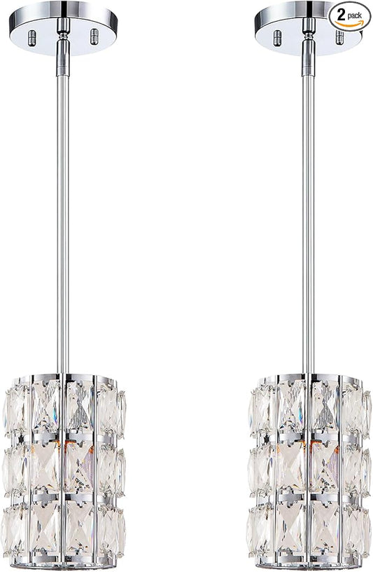 CALDION Chrome Crystal Pendant Lights Kitchen Island Modern Pendant Light Fixture, Mini Crystal Chandeliers, Adjustable Hanging Ceiling Lighting for Dining Room Bedroom (2 Pack)
