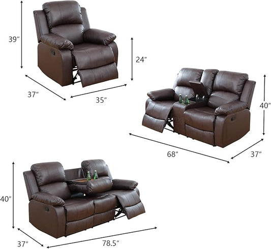 3 Seater Modern Reclining Couch Manual Recliner Sofa Living Room Furniture Black Vegan Leather Couch with Cup Holder/Flip-Down Table for Home Theater/Rv Car (Black,3Seater Sofa)