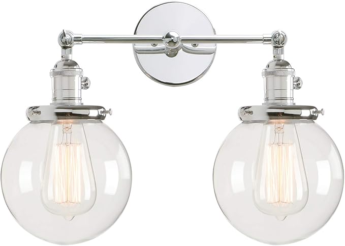 PERMO Double Sconce Vintage Industrial Antique 2-Lights Wall Sconces with Dual Mini 5.9" Round Clear Glass Globe Shade (Chrome)