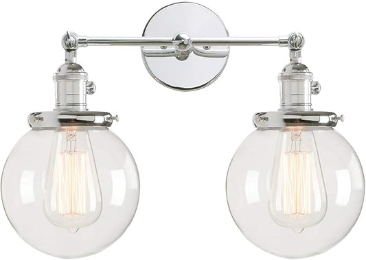 PERMO Double Sconce Vintage Industrial Antique 2-Lights Wall Sconces with Dual Mini 5.9" Round Clear Glass Globe Shade (Chrome)
