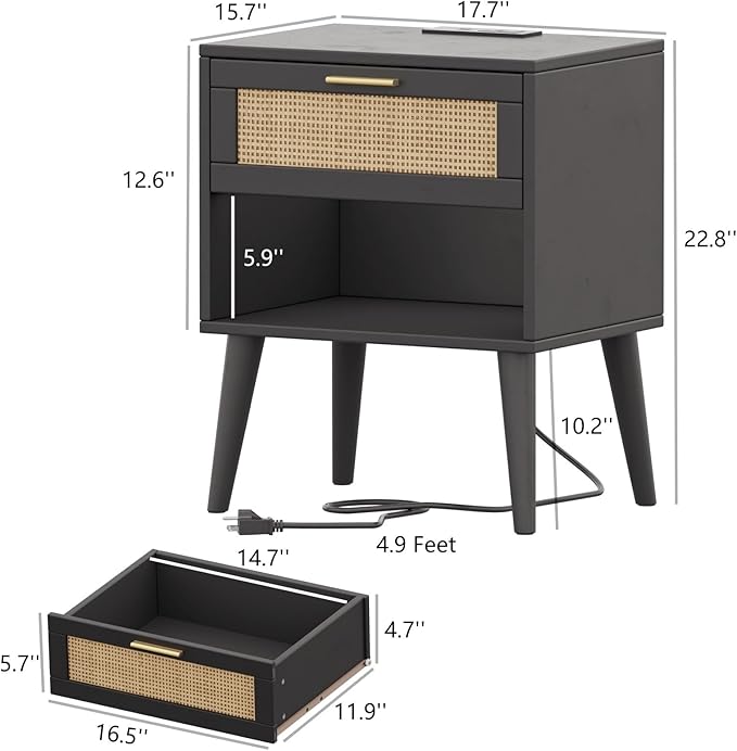 Irontar 17.7'' Wide Rattan Nightstand Set of 2, Bedroom Night Stand with Charging Station & Drawers, Boho Bed Side Table with Solid Legs, Accent End Side Table with Open Shlef, Black and Natural