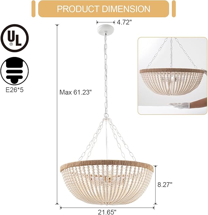 5 Lights Bohemia Wood Beaded Chandelier Farmhouse Antique Rustic Pendant Light for Bedroom Kitchen Island Dining Living Room, White, Dia 22 Inch