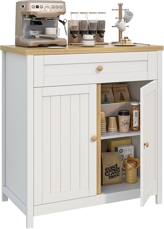 Storage Cabinet,Coffee Bar Cabinet, Kitchen Storage Cabinet, Modern Farmhouse Buffet Sideboard with Drawer, for Kitchen, Dining Room, Entryway（White）