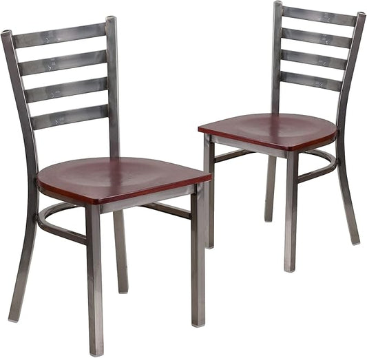 Flash Furniture 2 Pk. HERCULES Series Clear Coated Ladder Back Metal Restaurant Chair - Mahogany Wood Seat