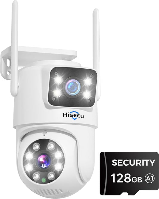 Hiseeu Wireless Security Camera Dual Lens PTZ Outdoor with 128GB SD Card, 2K WiFi-Pro 5G/ 2.4Ghz Surveillance Cameras, Color Night Vision, Plug-in Cable, Works with Wireless System