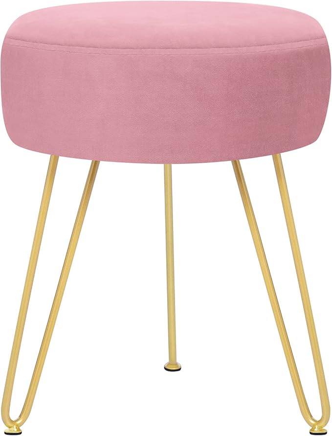 Velvet Soft Modern Vanity Stool -Round Footrest Stool Ottoman Side Table Seat Dressing with Golden Metal Leg and Sponge Filling,Upholstered Foot Rest, for Living Room and Bedroom Pink