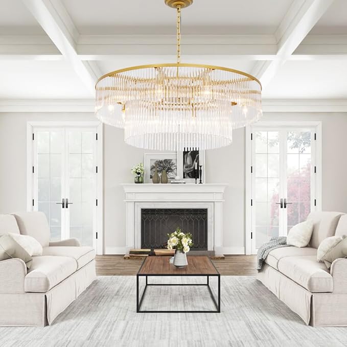 Gold Glass Chandelier Lighting Modern, 10 Light 2 Tier High Ceiling Chandelier Fixture Foyer Dining Room Ceiling Hanging Pendant Lighting Living Room 32"