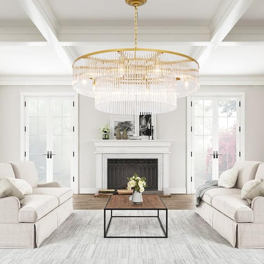 Gold Glass Chandelier Lighting Modern, 10 Light 2 Tier High Ceiling Chandelier Fixture Foyer Dining Room Ceiling Hanging Pendant Lighting Living Room 32"