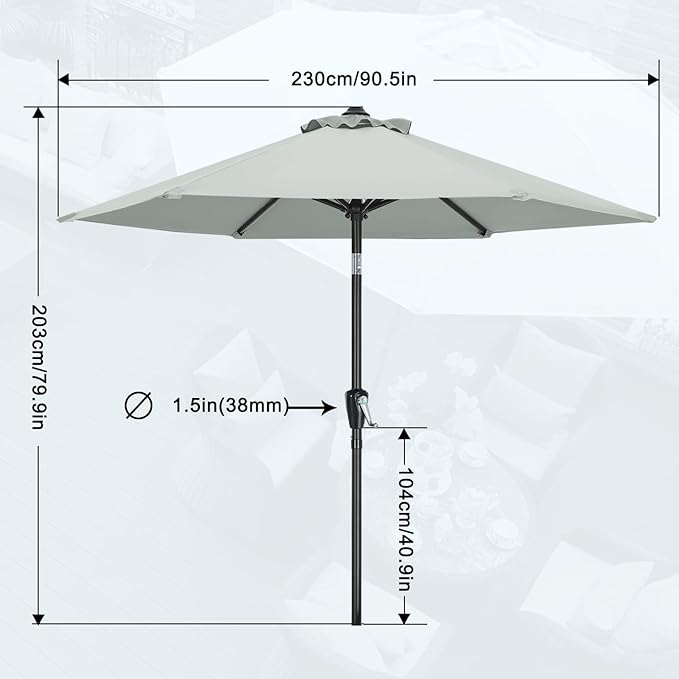 MASTERCANOPY 7.5FT Patio Umbrella with Push Button Tilt and Crank, Outdoor Market Umbrella with 6 Sturdy Ribs, UV Protection & Waterproof for Garden, Deck, Backyard, Pool (Light Gray)
