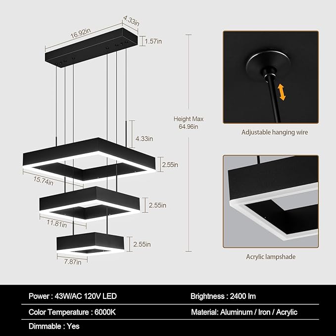 Modern LED Chandelier 3 Ring Dimmable Square Black Adjustable Pendant Ceiling Light Fixture for Foyer, Dining Room, Bedroom, Living Room