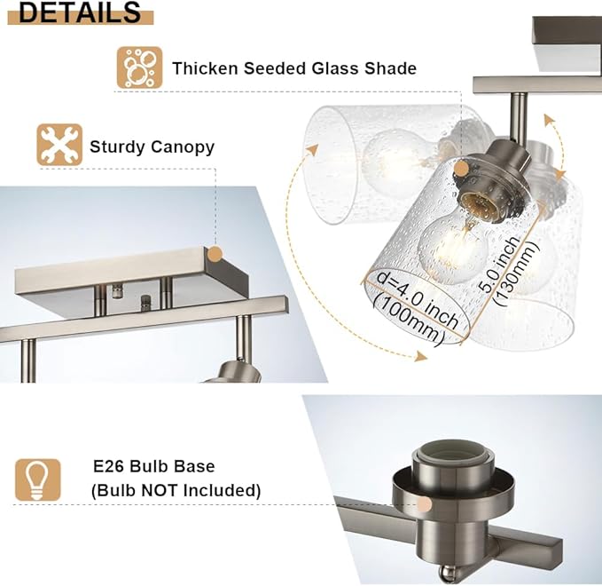 5-Light Track Lighting Kit, Bathroom Vanity Light Ceiling Spotlight in Brushed Nickel for Kitchen Shop, Seeded Glass Shades