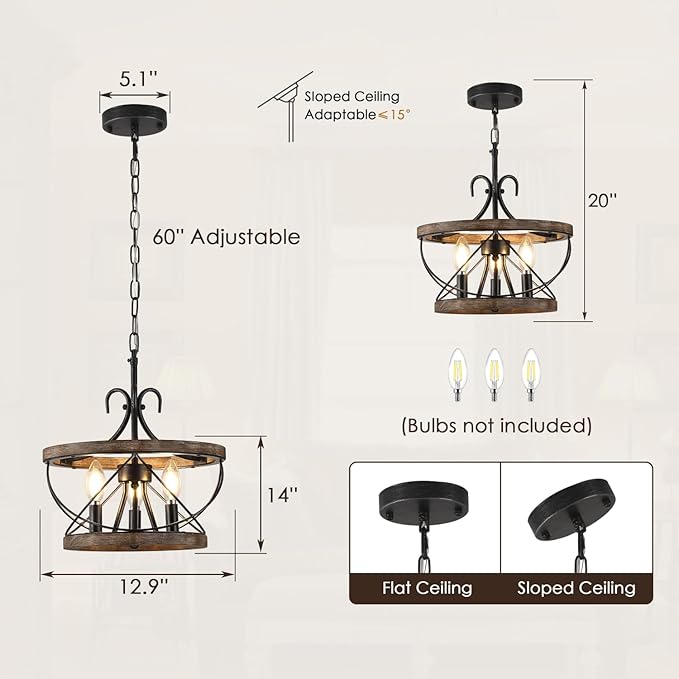 12.9'' Farmhouse Chandelier Light Fixture, 3-Light Dining Room Light Fixtures French Country Rustic Chandelier Over Table for Entryway Foyer Bedroom Living Room