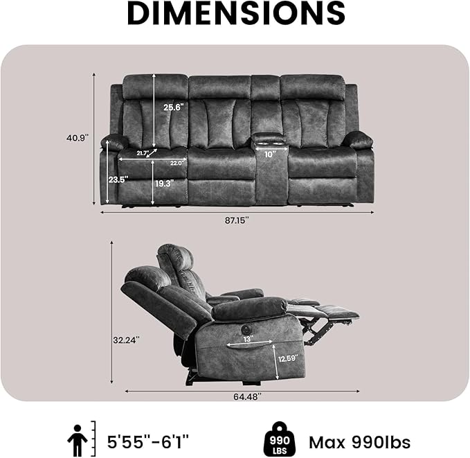 Electric Power Reclining Sofa, 3-Seater Sofa with Flip-Top Console, Massage & Heat, Recliner Couch with Storage, USB Ports, and Cup Holders - Perfect for Living Room Comfort (Gray)