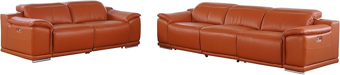 Blackjack Furniture Venice Top Grain Italian Leather Recliner 5 Seater 4 Power Reclining Seater 2 Piece Sofa Set with Adjustable Headrests Modern Seating Sofa and Loveseat for Living Room , Camel