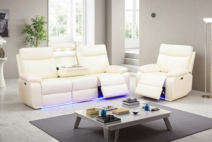 A Ainehome Power Leather Recliner Sofa Set with LED Lights, Recliner Sofa Sectional Couches for Living Room, Reclining Couch, Chair with USB Port/Storage Console