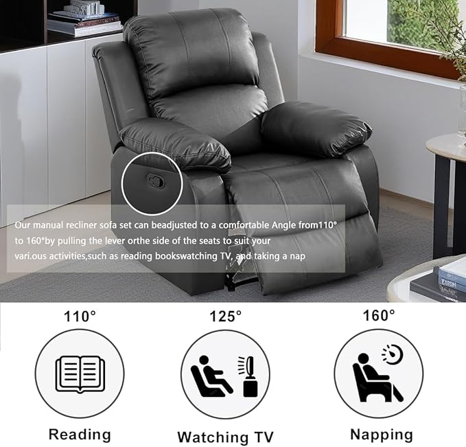 Modern Black Recliner Chair Bonded Leather Reclining Chair Home Theater Seating Living Room Furniture Manual Recliner Single Chair with Armrest & Lumbar Support for Home/Rv Car (Black, Chair)