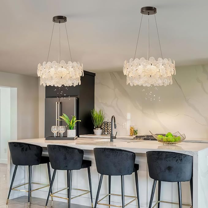 Flower LED Crystal Chandelier 20'' Modern Black Flush Mount Dimmable Chandelier Light Fixture with Remote Control for Dining Room Entryway Kitchen Bedroom(3000K-6500K)