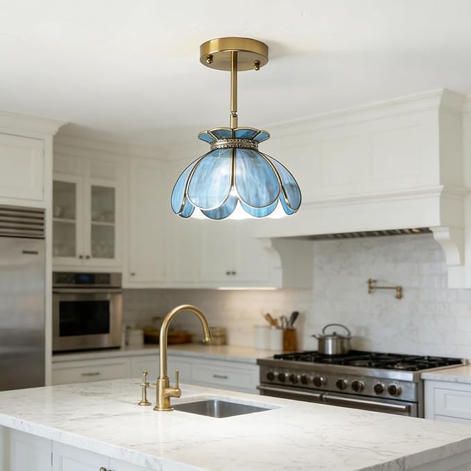 Vintage Brass Ceiling Pendant Light with Stained Lotus Flower Blue Glass Shade,Oriental Hanging Lamp or Wall Sconces Dual-Purpose, for Kitchen Island Dining Room Bedroom Living Room-7.9" Shade
