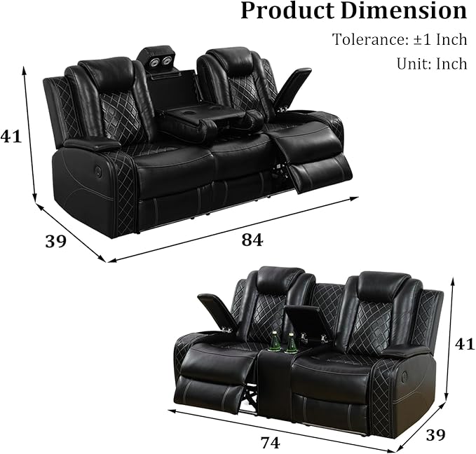 Leather Power Recliner Sofa Set with LED Light，Living Room Furniture Set, Leather Reclining Sofa Set with USB Port Storage Armrest(Sofa+Loveseat, Black)