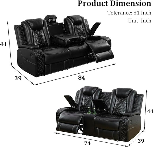 Leather Power Recliner Sofa Set with LED Light，Living Room Furniture Set, Leather Reclining Sofa Set with USB Port Storage Armrest(Sofa+Loveseat, Black)