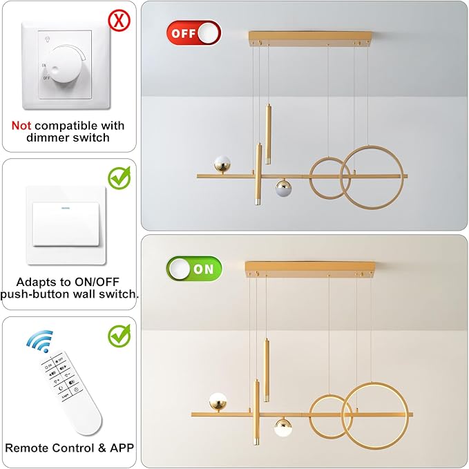 LED Gold Chandeliers for Dining Room, 39in Dimmable Modern Chandelier Gold Pendant Lights for Kitchen Island, Linear Ring Globe Pendant Light Fixtures Dining Room Lights Ceiling Hanging