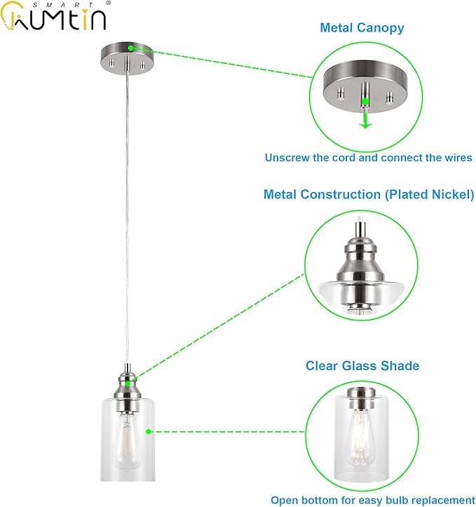 Pendant Light Fixture, Adjustable Hanging Ceiling Lights, Anti-Rust Metal Hanging Light Fixtures with Clear Glass, Modern Pendant Lighting for Kitchen Island Living Room, Nickel, 1-Pack