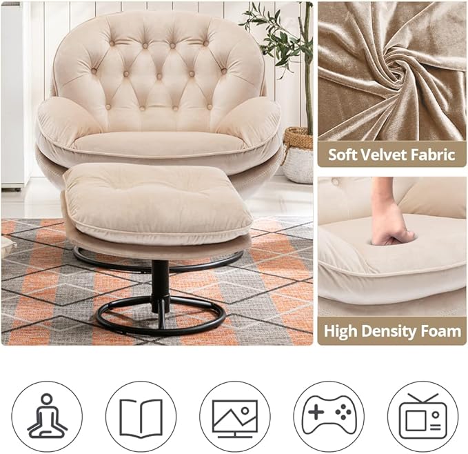 Velvet Swivel Accent Chair with Ottoman Set, Modern Lounge Chair with Metal Base Frame & Footrest, Comfortable Single Leisure Sofa Chair Reading Chair with 360 Degree Swiveling for Living Room, Beige