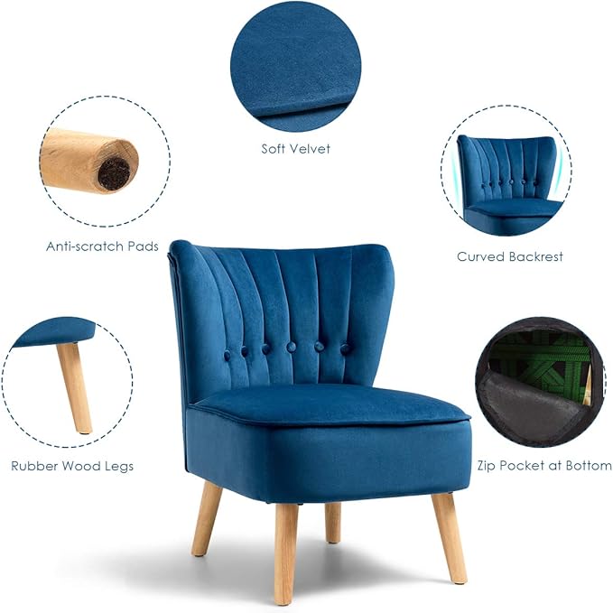 Giantex Set of 2 Modern Velvet Accent Chair, Small Upholstered Leisure Sofa Chair w/Wood Legs, Thickly Padded and Button Tufted, Armless Wingback Club Chairs for Living Room Bedroom Furniture, Blue